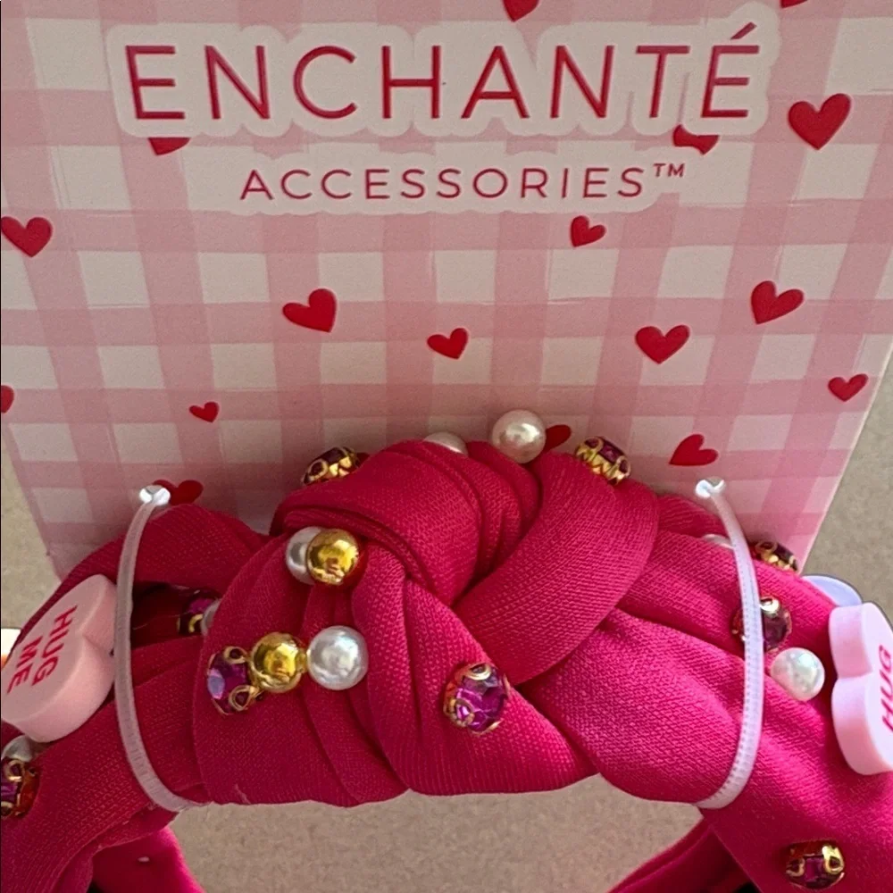 Hot pink Headband with faux candy Hearts, pearls, and rhinestone Accents